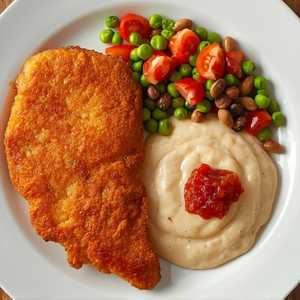 pork schnitzel, chilled bean, pea & tomato salad, butter bean puree, chutney