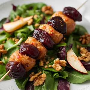 Brochette aux gésiers de canard et aux pruneaux, salad à la scarole