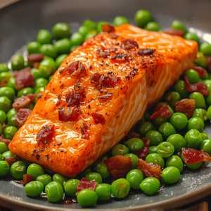 Slow Baked Salmon Filet with Peas and Bacon
