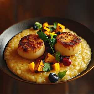 Vialone Nano Risotto With Blackened Scallops & Charred Corn Succotash