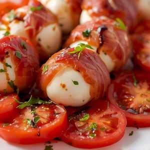 Prosciutto-Wrapped Mozzarella with Vine Ripe Tomatoes