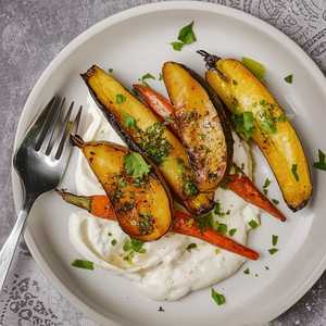 Costata romanesca squash and carrots a la plancha with burrata alla panna, chervil, and pesto