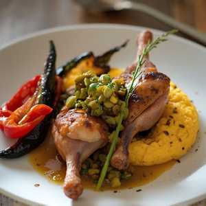 Devil’s Gulch Ranch rabbit legs seasoned with thyme and black pepper; Jimmy Nardello and Shishito peppers, fresh corn polenta, and toasted hoja santa-pumpkin seed salsa