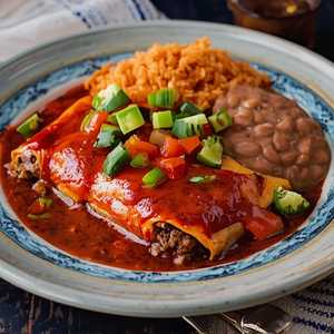 2 Beef Or Chicken Enchila Rice & Beans