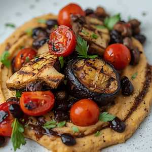 Grilled eggplant, romano beans, roasted Early Girl tomato, and Hen of the Woods mushrooms with chickpea purée, basil, and olivada