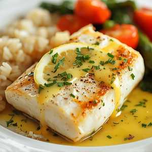 Chilean Sea Bass Filet, Broiled, Lemon Butter Sauce, with Rice and Vegetable