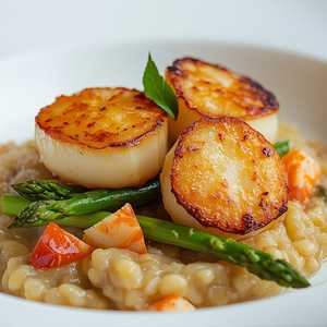 Seared Sea Scallops with Maine Lobster and Asparagus Risotto