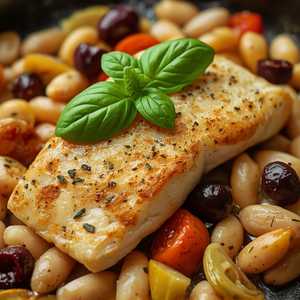 Provençale-style halibut, artichokes à la barigoule, white beans, basil, Picholine olives, aioli