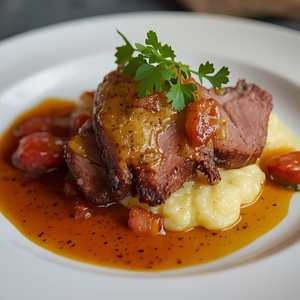Lemon Pepper Duck Breast with Duck Hash, Celery Root Purée, Bacon Braised Endive, and Apple Ginger Chutney