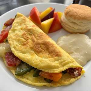 Veggie Omelet Grits Fruit Biscuit