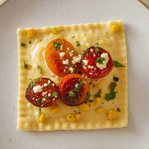 sweet corn & fromage blanc ravioli, roasted tomato, chimichurri, feta