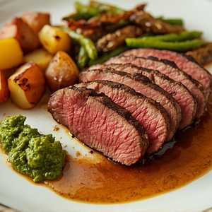 grass fed filet mignon, potatoes, grilled beans, pesto, caramelized onion soubise