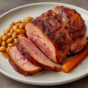 Devil’s Gulch Ranch porchetta with thyme, fennel seed, and Cayenne pepper; butter beans, young carrots, braised leeks, tarragon, and mustard