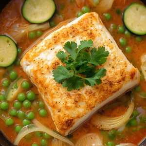 skillet trout, coconut, chile, tomato, field peas, zucchini, fennel, cilantro
