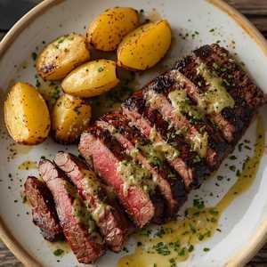 Grilled Akaushi Wagyu bavette, Durst Farms asparagus, roasted fingerlings, green garlic Béarnaise