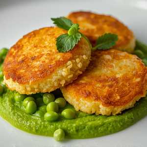Acquerello risotto galettes, English pea purée, baby turnips, shaved zucchini, salsa verde
