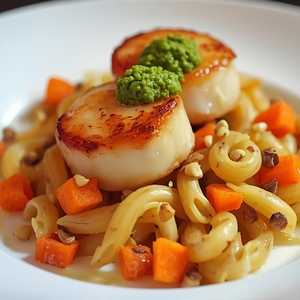 Seared Scallops with Fregola, Orange Cumin Carrots, Pepitas, and Carrot Top Pesto