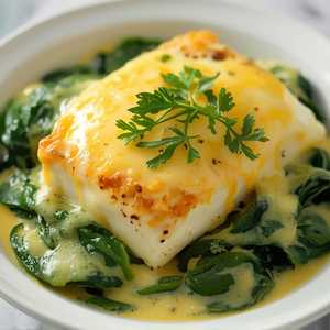 Halibut Florentine (Cheese Sauce and Spinach)