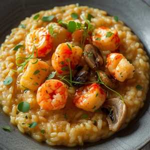 Risotto with Lobster, Rock Shrimp, Shimeji Mushrooms, and Seasonal Vegetables
