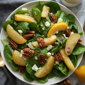 Spinach Salad with Riesling Poached Pears, Gorgonzola, Candied Pecans and Brown Butter Vinaigrette