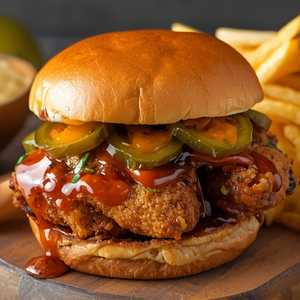 Chicken Sandwich, Crispy or Grilled, with Korean BBQ Glaze, Housemade Pickles and Miso Aioli