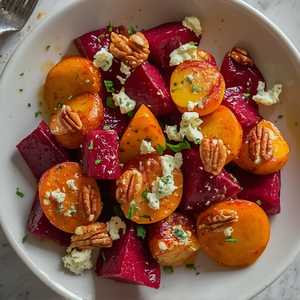 Salade de betteraves avec fromage bleu et noix de pecans à l'espelette