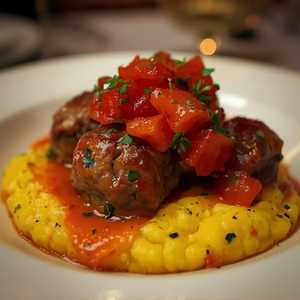 Polpette di coniglio con peperonata e polenta