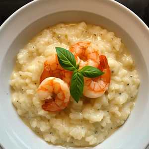 Creamy Shrimp Risotto with Basil Leaves