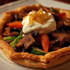 Wild Mushroom Tart with Spring Vegetables, Goat Cheese Mousse, and Pickled Shallots