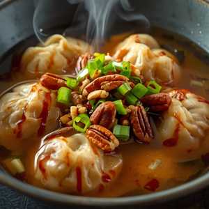 pork & duck dumplings, mushroom dashi, pecan chili crisp, scallion