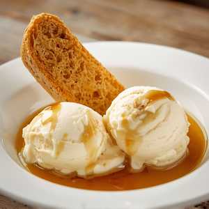 Affogato \"Corretto\": large scoop of vanilla bean ice cream, Mallo Nocino green walnut liqueur, biscotti