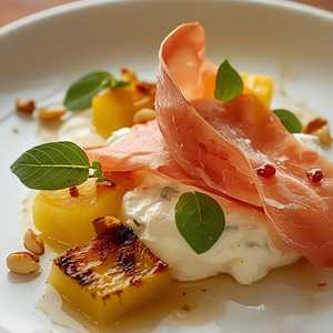 PSM Smoked Prosciutto With Pineapple, Thai Basil, Candied Hazelnut & Fromage Blanc