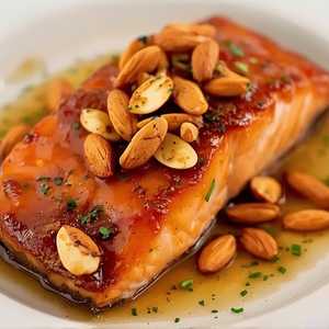 Seared Citrus Glazed Salmon* with Marcona Almonds and Brown Butter