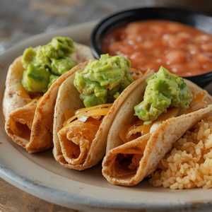 #2 3 Rolled Tacos w/Guacamole Cheese, Beans & Rice