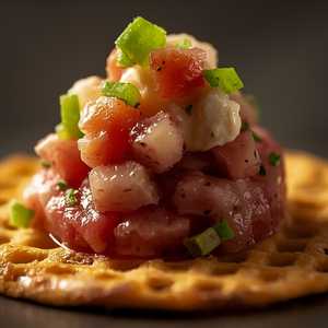 Savory Pizzelle With Tuna Belly Tartare, Crab, Celery Root Remoulade & Kiwi Koshu