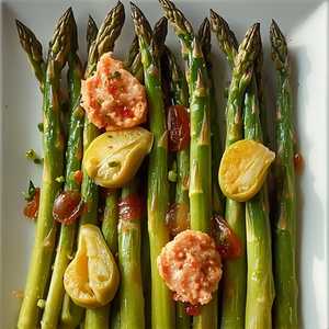Asparagus Salad with Red Onion Caper Vinaigrette, Artichokes, and Salmon Rillettes