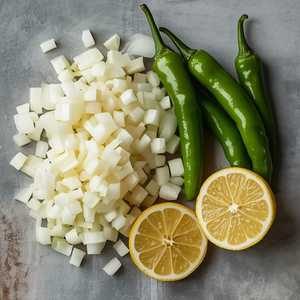 White Onions Green Chilis Lemons