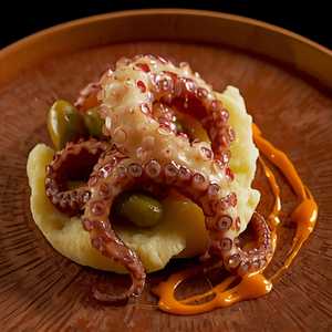 Crispy Octopus & Smashed Potato With Green Olives & Gochujang Aioli