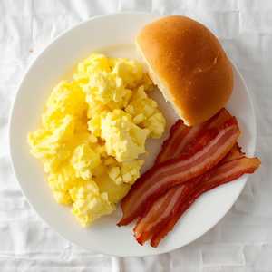 Scrambled Eggs, Bacon, Hawaiian Roll