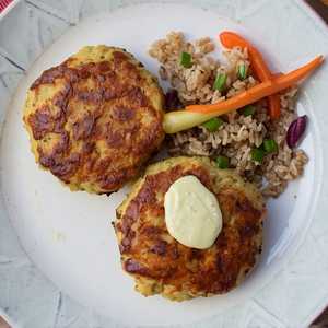 Dungeness Crab Cakes Grilled, Old Bay Butter, House Aioli, with Rice and Vegetable