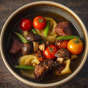 Short Rib Tortelli In Umami Brodo With Heritage Tomato, Oyster Mushrooms & Haricot Vert