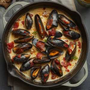 Poulette: garlic, shallots, bacon, white wine, cream, parsley