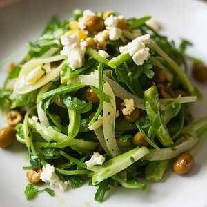 Wild arugula and fennel salad with Castelvetrano olives, Boont Corners sheep cheese, and coriander seed-citrus vinaigrette