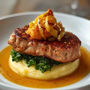 Grilled Devil’s Gulch Ranch pork chop with mashed potatoes, long-cooked greens, crispy leeks, and mustard jus