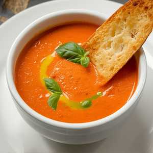 Tomato Bisque with Toasted Brie Crostini