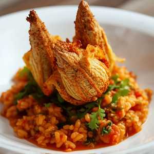 Bellwether Ricotta Stuffed Squash Blossoms & Tomato Risotto