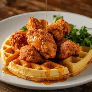 Suya Fried Chicken + Waffles + Greens
