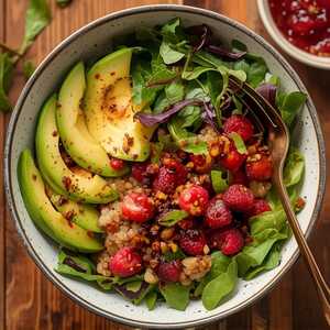 Salade Riviera, petit épeautre confit, avocat, vinaigrette à la framboise, baies de goji