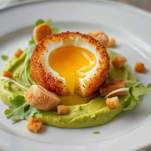 Panko Breaded Egg with Avocado Mousse, Panisse Croutons, and Frisee