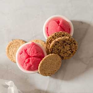 Watermelon sorbet with Palestinian date ring and sesame tea cookies